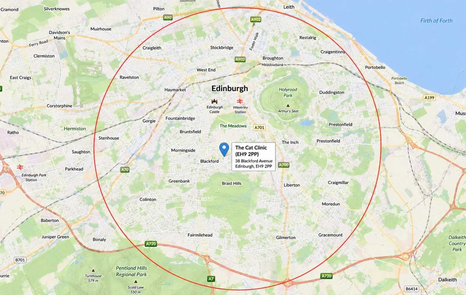 Map showing 3 mile radius from The Cat Clinic